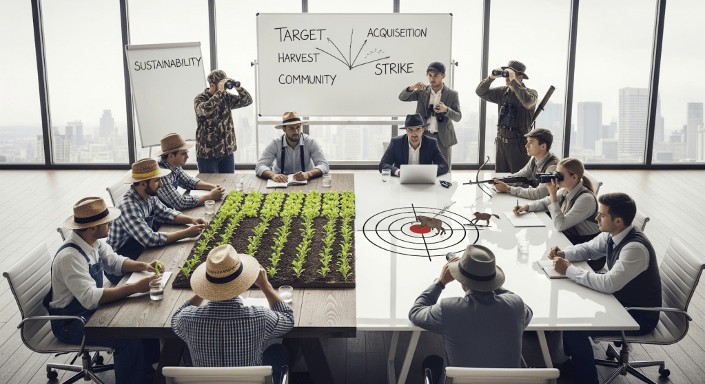 A business meeting room featuring a large table surrounded by people in hats discussing strategies, with a small indoor garden in the center. Charts and diagrams related to targeting, acquisition, and community sustainability are visible on a whiteboard.